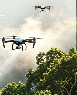 Drones de vigilância sobrevoando a floresta em meio à névoa